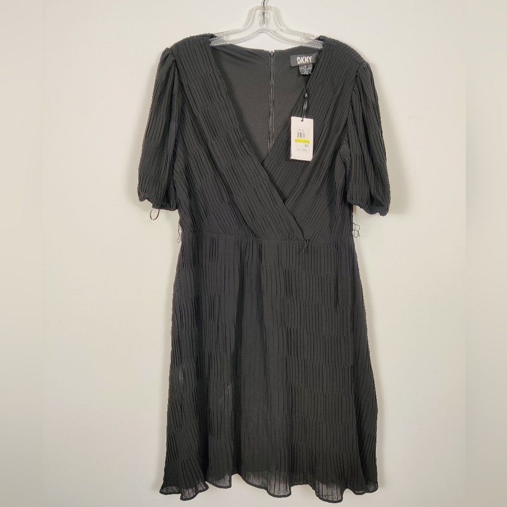 DKNY Black Pleated Wrap Midi Dress - Size 14 NEW